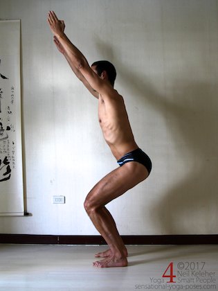 Knee strengthening exercise: chair pose with thighs at 45 degrees above the horizontal. Neil Keleher.