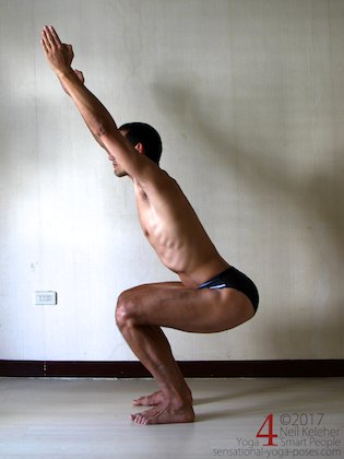 Knee strengthening exericse: chair pose with thighs horizontaol. Neil Keleher, sensational yoga poses.