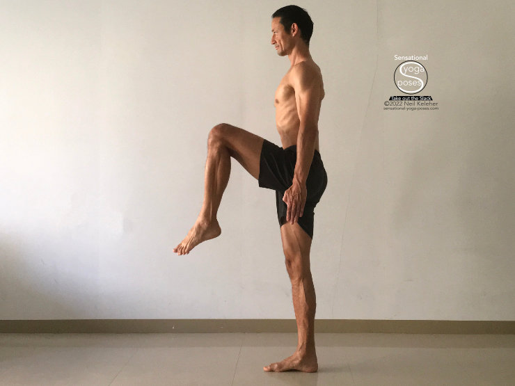 Hip flexor strengthening exercise, standing knee lift. Neil Keleher. Sensational Yoga Poses.