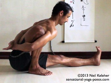 Marichyasana-a pose, a seated forward bend with the bend knee bound by the arms. Neil Keleher. Sensational Yoga Poses.