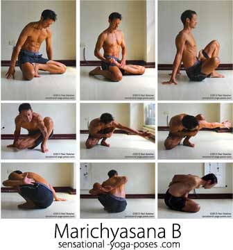Marichyasana B marichyasana b prep with lotus foot in janusirsasana c position, baradhvajasana position pulling foot into lotus, runners stretch variation with top leg in lotus hands on floor behind butt, reaching forwards with marichyasana arm for marichyasana b, reaching arm to side to enter marichyasana b, internally rotating arm to bind in marichyasana b, binding leg in marichyasana b, clasping fingers in marichyasana b, bending forwards in marichyasana b side view