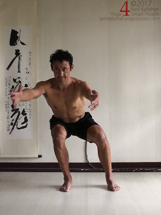 Learning the pistol squat, shifting weight to one leg in a thighs horizontal squat. Neil Keleher. Sensational Yoga Poses.