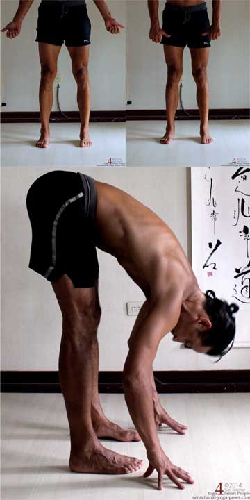 yoga for flexibility, recovering from deep hip stretches by activating inner thighs then outer thighs first while standing upright then while doing a standing forward bend. Neil Keleher. Sensational Yoga poses.