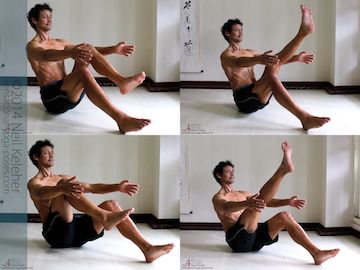 Boat Pose Active Hip Flexion Exercise: Sit upright with chest open. Lean back keeping chest open. Lift one knee and pull it towards your chest using your hip flexors. Keep the knee pulling backwards, straighten the knee. (Then release and repeat on other side.) 