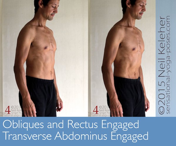 In first picture, obliques are engaged so that abdominal wall is pulled flush with rim of ribcage and pelvis. In second picture, transverse abdominis is engaged so that belly is pulled past the border of the ribcage and pelvis. Neil Keleher, Sensational Yoga Poses.