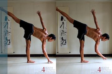 Lifting the hand in Ardha Chandrasana/Half moon pose. Prior to lifting the hand make sure your weight is centered over your standing foot. You can also make sure that the foot and ankle are stable. Then try to lift the hand.