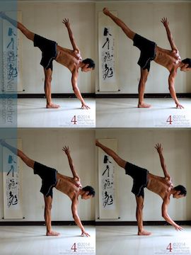 Ardha Chandrasana/Half Moon Yoga Pose and Shifting center of Gravity: With hand on the floor in half moon pose, first shift weight towards the hand. (Look at the change in angle of my standing leg in the top right picture.) Then shift weight back entirely onto the supporting foot. Then lift the hand. Then put the hand down again and repeat.