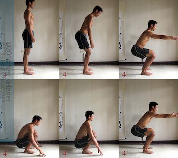 Body Weight Squat: First row, from standing, squatting to the thighs horizontal position. Second row, from a relaxed deep squat, lifting up to the half squat position. Notice in the bottom middle picture, I lengthen my spine prior to lifting the hips.
