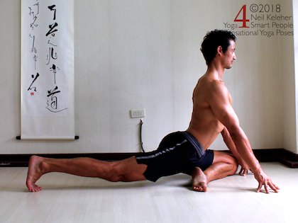 Hip flexor stretches: Upright pigeon pose hip flexor stretch with back knee straight. In pigeon pose with both hips lifted and level from leg to right, torso is upright with hands on the floor helping to support the weight of the upper body. Back knee is straight with toes tucked under. To stretch the hip flexors of the straight back leg, pelvis sinks downwards. Hip flexors being stretched are active, working against the weight of the body making this an active or resisted hip flexor stretch. Additionally, front knee can press down so that front leg is active and helping to support the weight of the body. Neil Keleher. Sensational Yoga Poses.