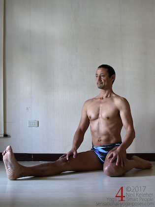 Stretching the quadriceps with one leg kneeling and the other leg straight. Neil Keleher. Sensational Yoga Poses.