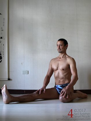 half hero yoga pose upright quad stretch, sitting with spine long