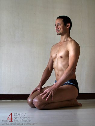 Basic kneeling quadriceps stretch with butt on the heels and torso upright. Neil Keleher. Sensational Yoga Poses.