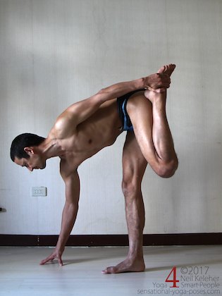 Standing quadriceps stretching pose, bending forwards. Neil Keleher. Sensational Yoga Poses.