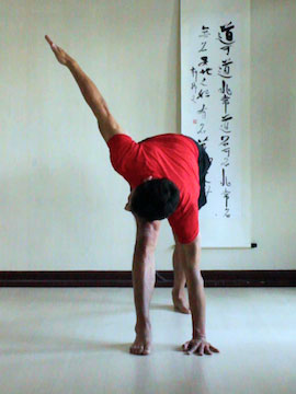 revolving triangle (parivrtta trikonasana or twisting triangle) bending forwards and reaching arm up