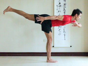 Warrior 3 variation with one elbow bent, other arm reaching back