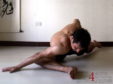 screaming or intense pigeon hip stretching yoga pose Neil Keleher. Sensational Yoga Poses.
