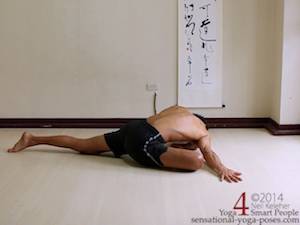 screaming or intense pigeon hip stretching yoga pose Neil Keleher. Sensational Yoga Poses.