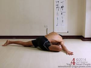 screaming or intense pigeon hip stretching yoga pose Neil Keleher. Sensational Yoga Poses.