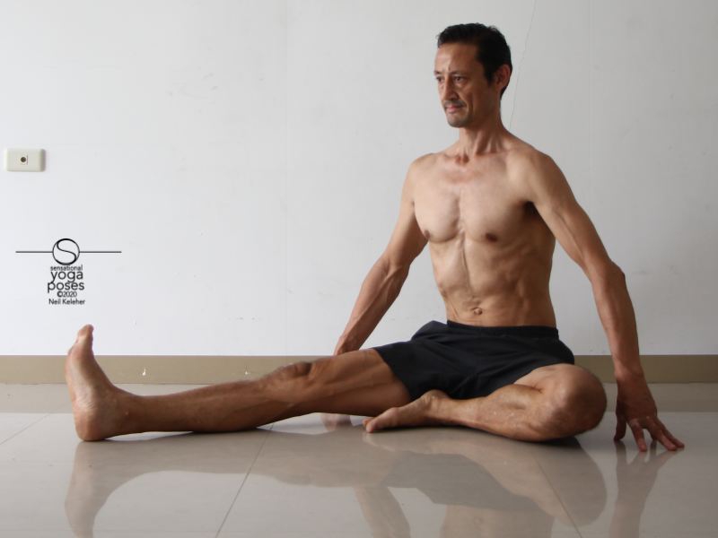 janu sirsasana a, yoga pose, seated hamstring stretch, sitting upright relaxed