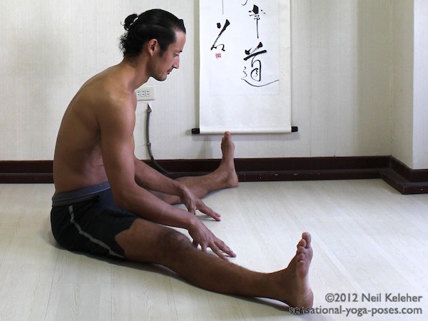 upavistha konasana, seated wide leg forward bend, knees straight, yoga pose preparation, sitting upright