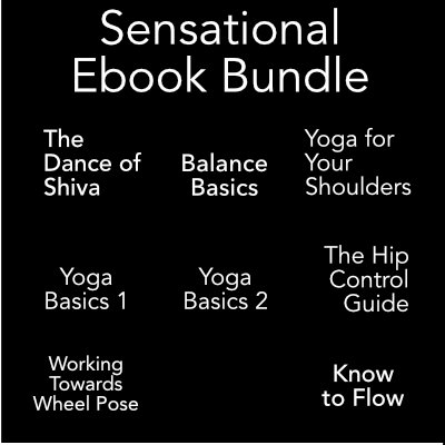 ebook bundle including: the dance of shiva, balance basics, yoga for your shoulders, yoga basics 1, yoga basics 2, the hip control guide, working towards wheel pose, know to flow.