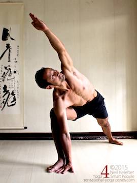 Side angle pose, a basic yoga pose with one leg straight and the other bent (while standing). Neil Keleher. Sensational Yoga Poses.