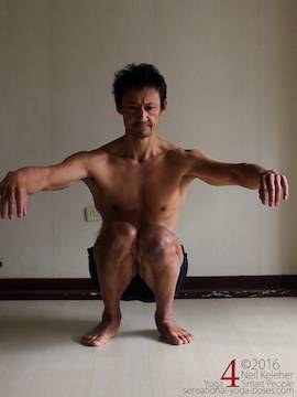 Shins rotated inwards in deep squat. Neil Keleher. Sensational Yoga Poses.
