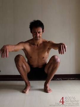 Shins rotated outwards in deep squat. Neil Keleher. Sensational Yoga Poses.