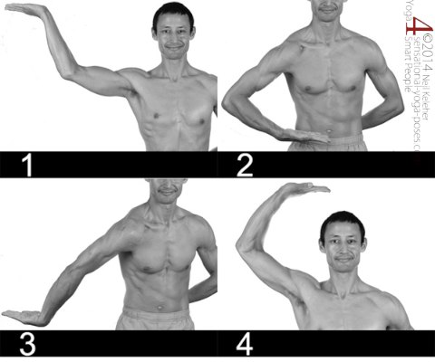 the four basic horizontal positions of the dance of shiva (using one arm only). Neil Keleher, Sensational Yoga Poses.