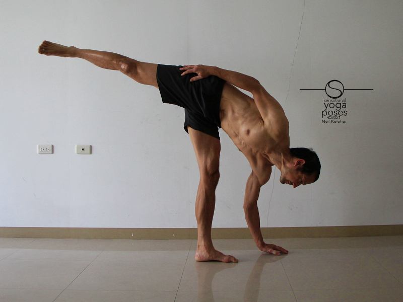 In half moon you can contract the bottom facing side to add an active side bend that helps to bring the side of your ribcage closer to your bottom leg. Neil Keleher, Sensational Yoga Poses.