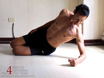 Side plank variations knee sand elbow bent; shoulder engaged chest liftedneil keleher, sensational yoga poses.