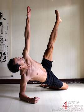 Side plank variations, bottom knee and elbow bent, top leg lifted with knee straight, neil keleher, sensational yoga poses.