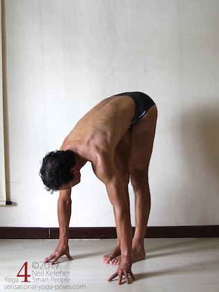 standing forward bend as quad stretching counterpose. Neil Keleher, Sensational Yoga Poses.