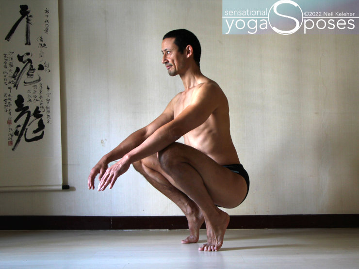 Squatting with heels lifted, an option for stretching your quadriceps. Neil Keleher. Sensational Yoga Poses.