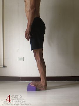 Standing calf stretch, fronts of feet elevated, sensational yoga poses.
