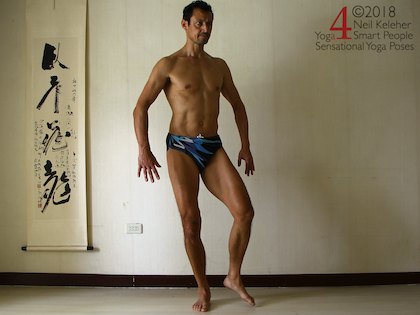 Hip adjustments,  pelvis rotated away from standing leg. Neil Keleher. Sensational Yoga Poses.