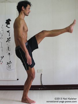 Yoga poses for abs, standing hip flex with flexed hip knee straight, neil keleher, sensational yoga poses.