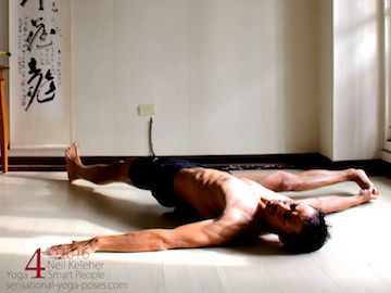 Supine Yoga poses: supine hamstring stretch with leg to the side. neil keleher, sensational yoga poses.