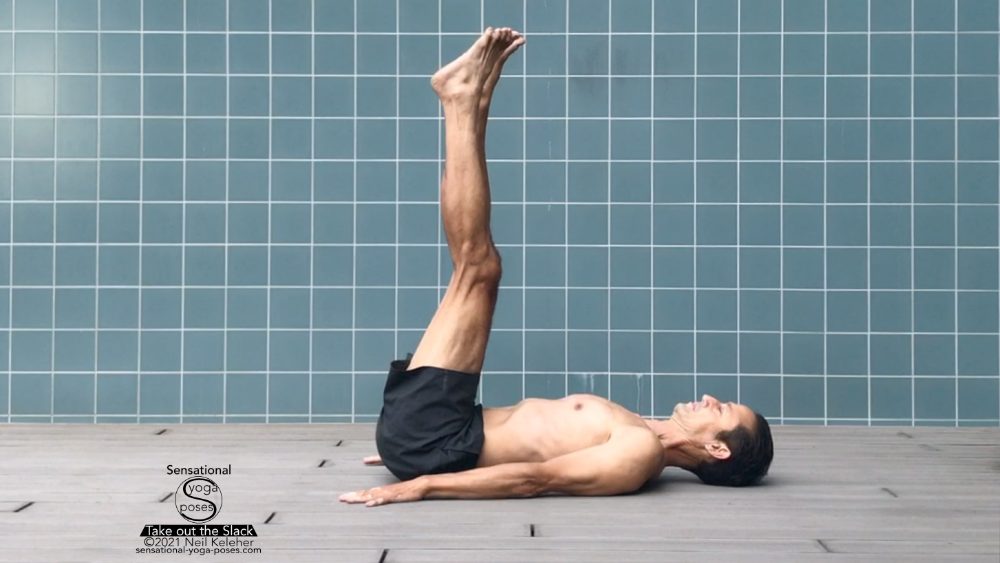 supine leg lift, starting position with legs vertical. Neil Keleher, Sensational Yoga Poses.