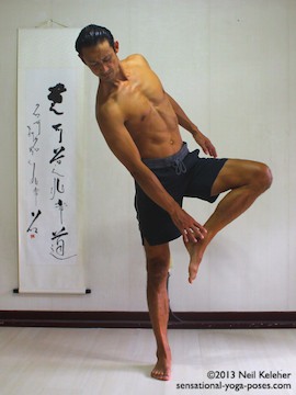 Sensational Yoga Poses, Model Neil Keleher. balancing on one leg while moving into tree pose by bending towards the side and grabbing the lifted foot with the opposite hand