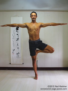 Sensational Yoga Poses, Model Neil Keleher. balancing on one leg in tree pose with arms out to the side