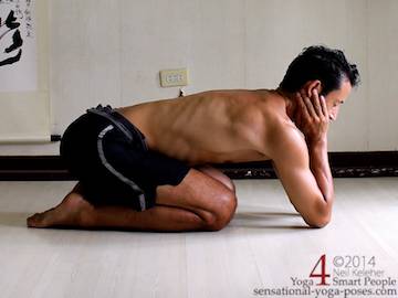 hastashirasan, kneeling while bent forwards with chin supported on the hands with elbows bent and on the floor. Neil Keleher. Sensational yoga poses.