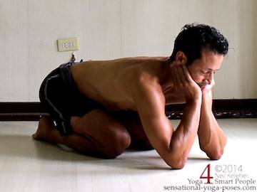 hastashirasan, kneeling while bent forwards with chin supported on the hands with elbows bent and on the floor. Neil Keleher. Sensational yoga poses.