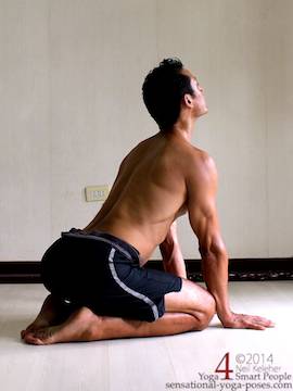 januhastasan, a kneeling posture with hands on the floor in front of the knees with spine bent backwards. . Neil Keleher. Sensational yoga poses.