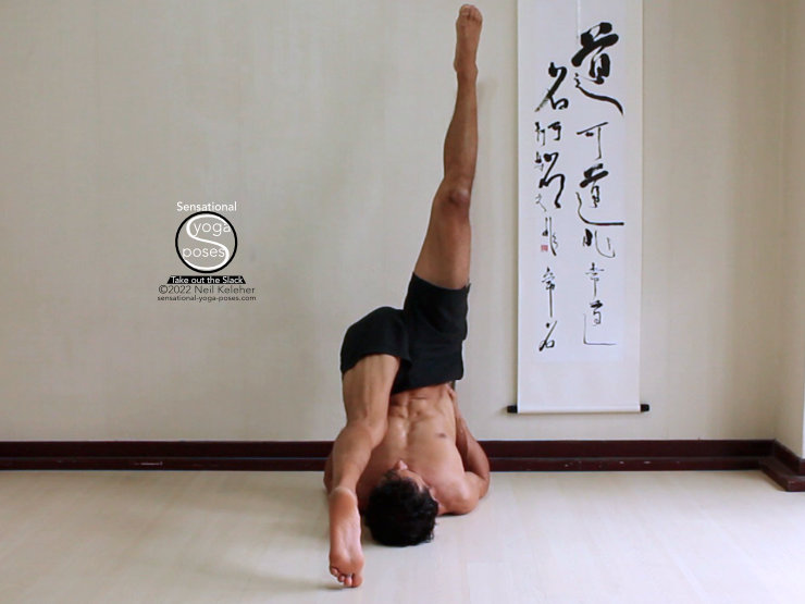 front to back splits using a wall, yoga poses using a wall, front to back splits in shoulder stand.