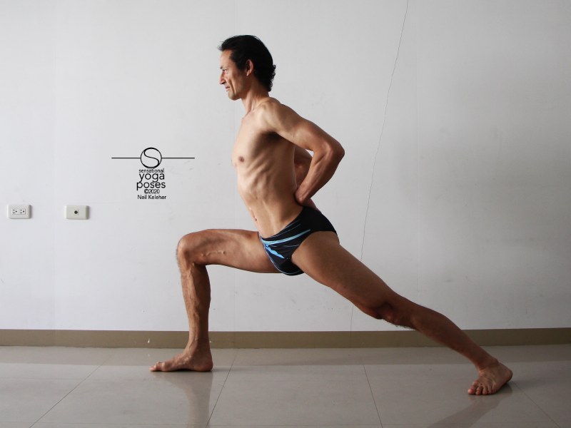 Using the warrior 1 leg position, arms are down, to stretch the sartorius of the back leg, sink the hips but use the obliques to create an upwards pull on the ASIC on the side of the back leg. Neil Keleher, Sensational Yoga Poses.