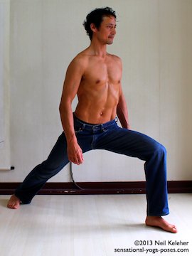 yoga pose brush strokes for warrior 1,  pelvis turned to front, front knee bent