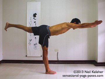 Sensational Yoga Poses, Model Neil Keleher. balancing on one leg in warrior 3 with both arms forward but with palms not touching.